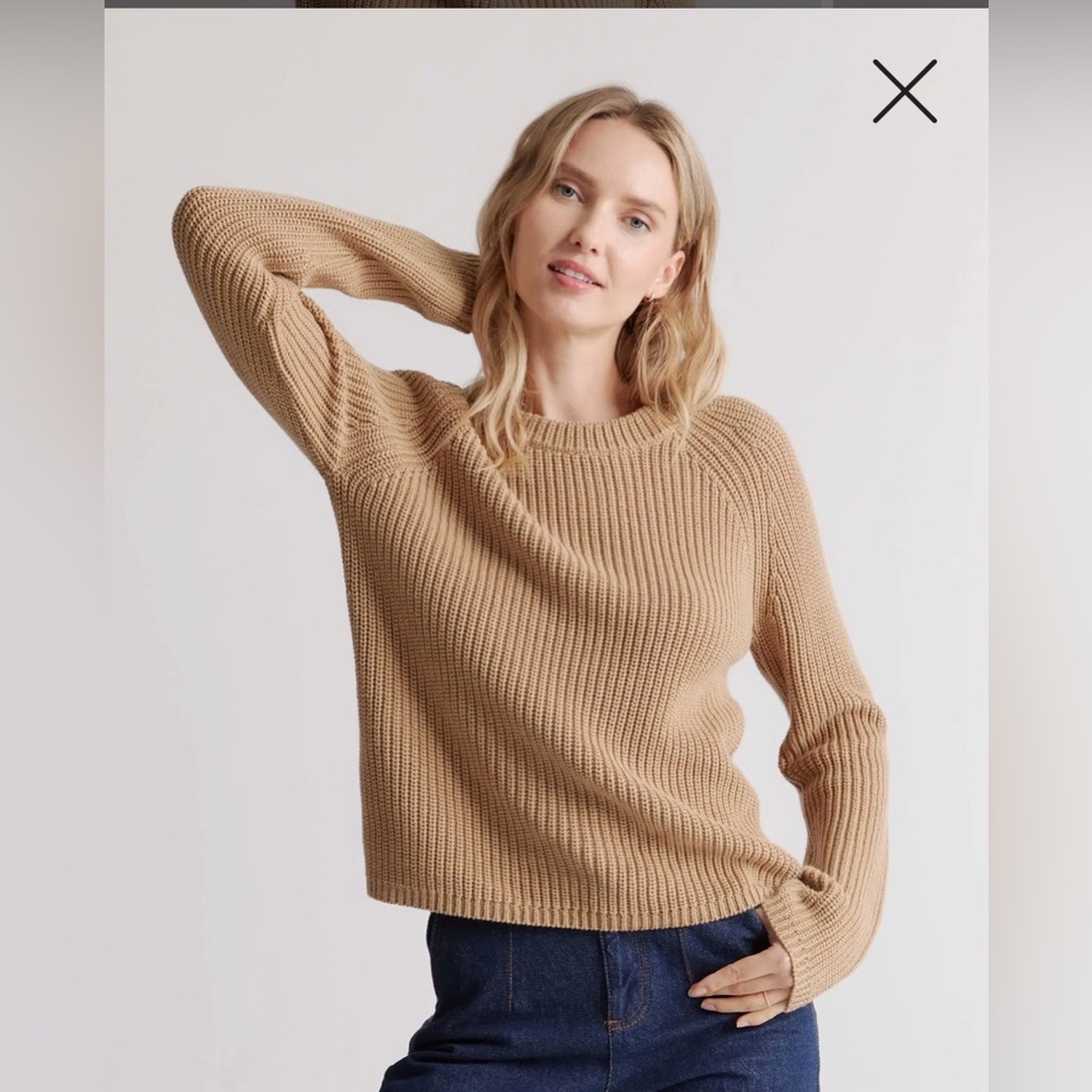 QUINCE 100% Organic Cotton Fisherman Crew Sweater in camel color